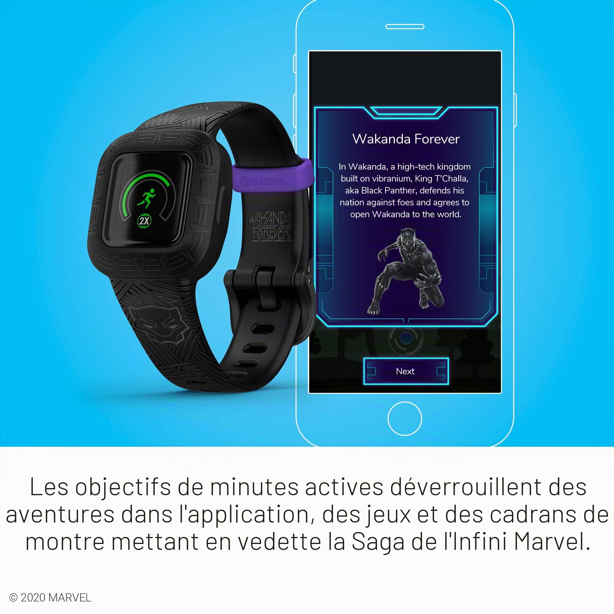 Garmin Vivofit Jr. 3 – Tracker d'activité pour enfants, adapté à la natation, jusqu'à 1 an d'autonomie, Marvel Black Panther