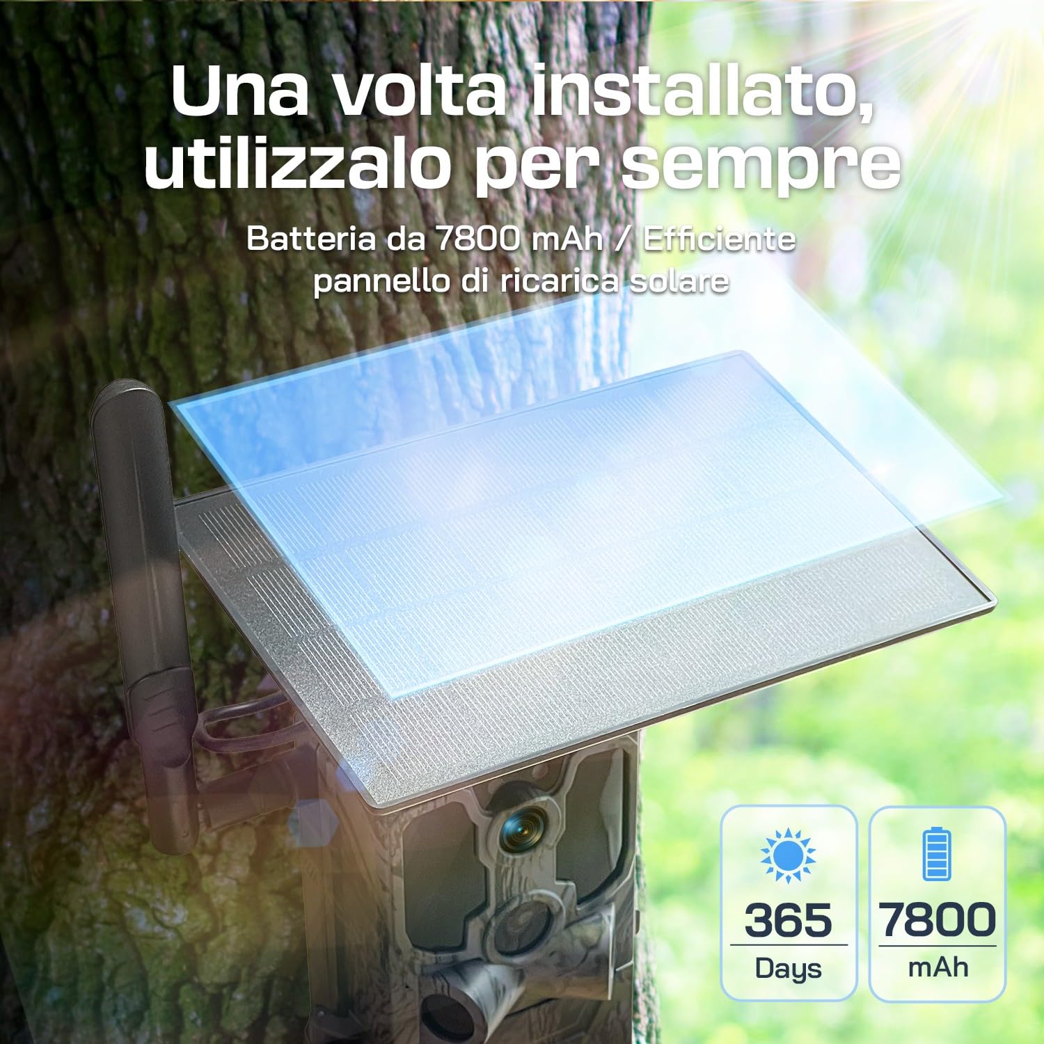 WOLFANG Fototrappola, 4G LTE Fototrappola Solare 2.5K con Scheda SIM Preinstallato e SD, Fotocamera con Allarme, Visione Notturna, Angolo 120° 82ft, Tempo di Scatto 0,2s, IP66 Impermeabile
