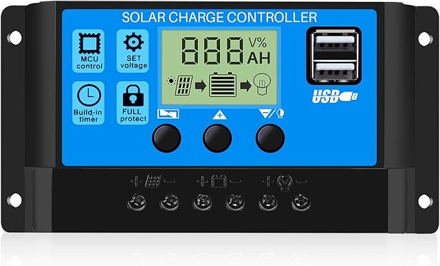 Thlevel 10A 12V/24V Controller Solar Charge Regulator with 5V Dual USB Port and Timer Setting LCD Display for Solar Panel Battery Lamp