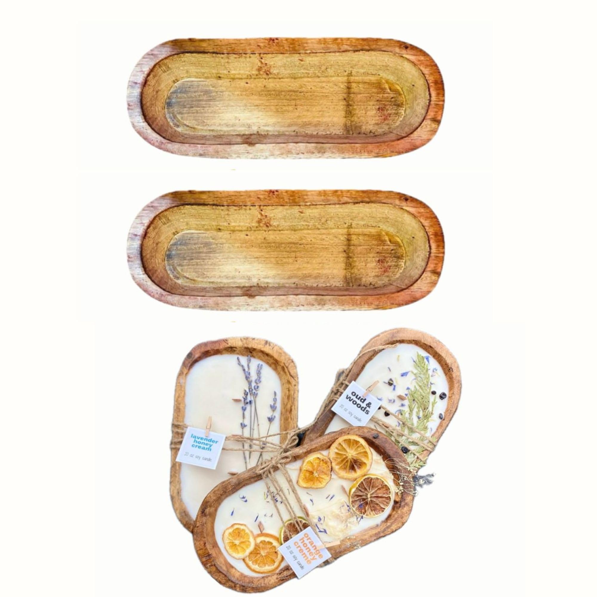 iKalaa® Wooden Boat Candle Molds – Handcrafted Dough Bowl for Candle Making | Rustic Wooden Vessel for DIY Candles & Home Decor- Set of 2 (8x4 inch)