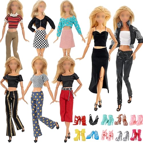 Miniatura 1 de 16 piezas de ropa y accesorios hechos a mano para muñecas incluye 6 unidades de ropa casual tops y pantalones o vestido y 10 pares de zapatos al