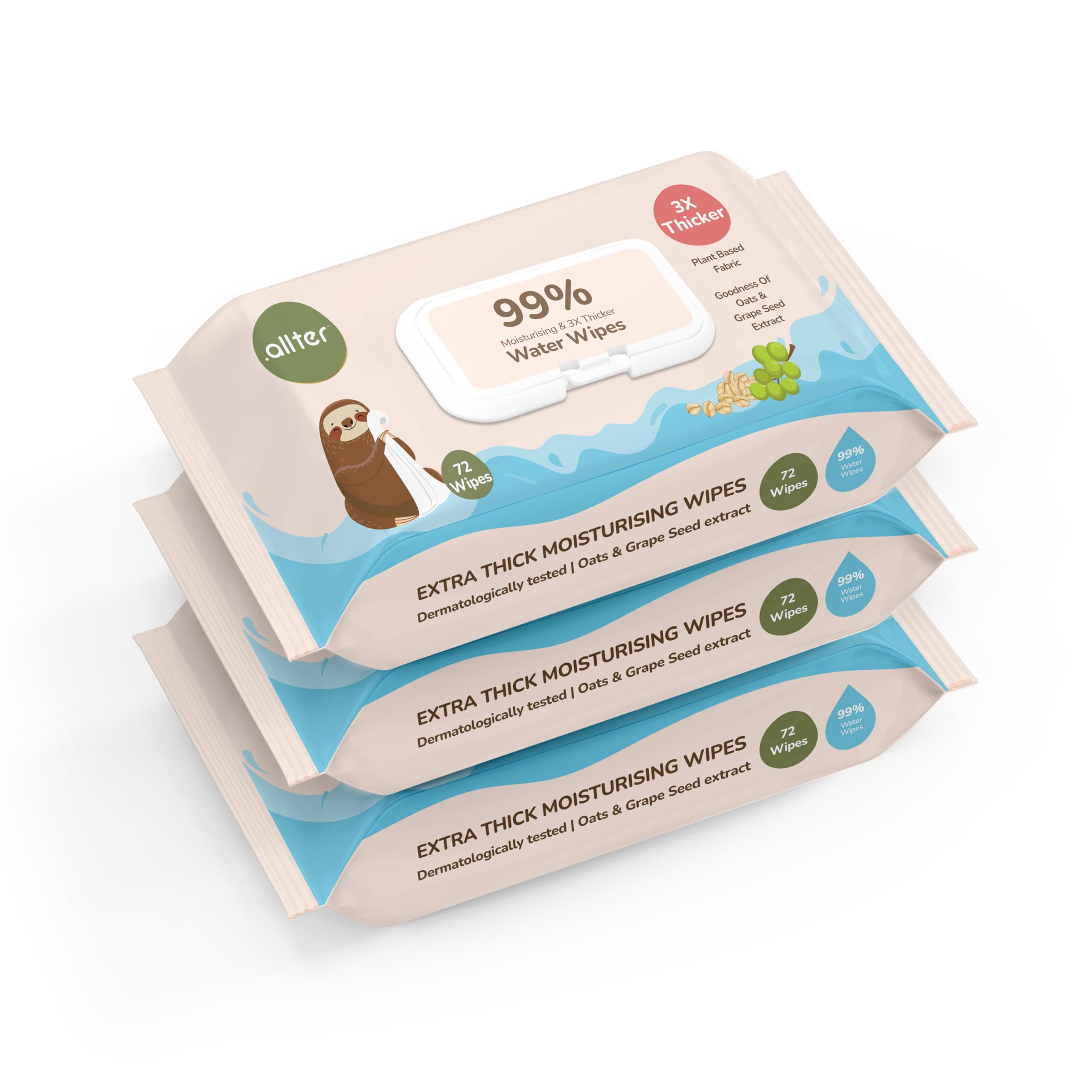 .allter 99% Pure Water Baby Wipes, Wet Wipes for New Born Baby| Moisturising,100% Plant Based & Organic, Enriched with Oats & Grapeseed Extract| 72 Wipes x 3 Packs