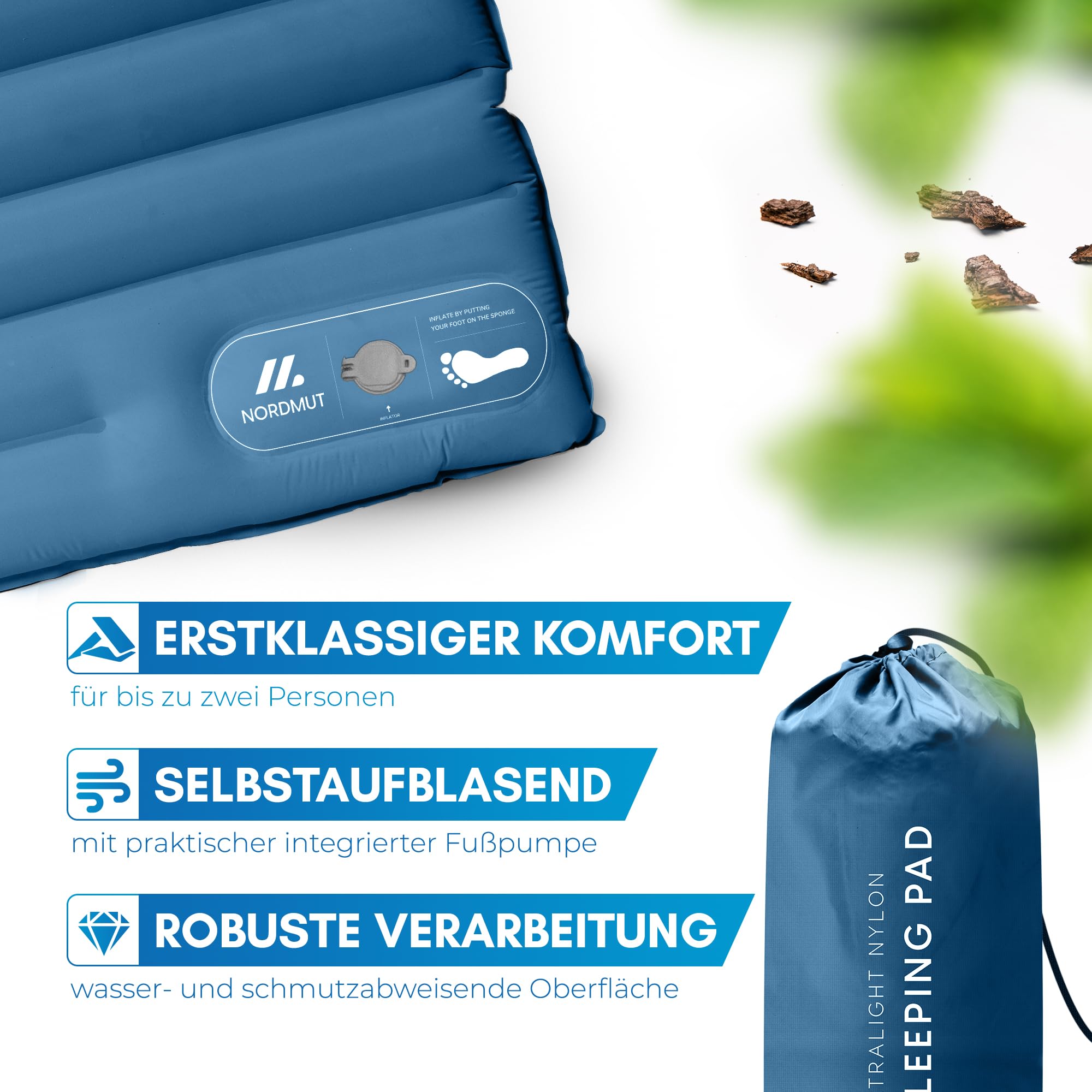 NORDMUT® Isomatte Selbstaufblasend 2 Personen - Outdoor Matratze 10cm Ultra komfortabel - Luftmatratze Selbstaufblasend für kinderleichtes aufpumpen - Wetterbeständige Camping Matratze