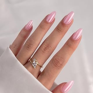 Light Pink Chrome Press on Nails Short - GJZEZ Soft Gel Shimmer Glazed Donut Almond Fake Nails Press Ons, Soft and Subtle Holographic Pearlescent Iridescent False Nail | 16 Sizes - 32 Reusable Nail