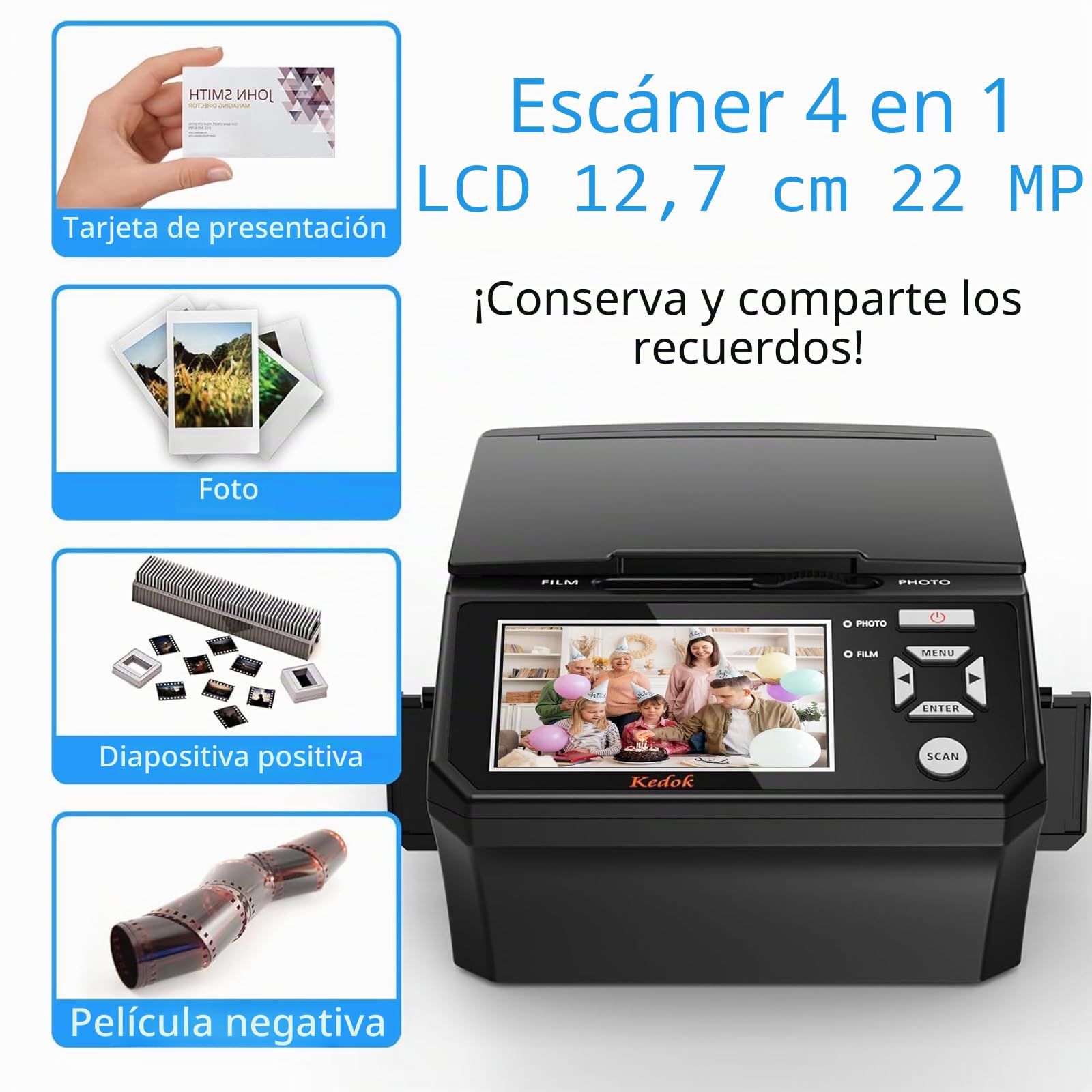 Escáner digital de películas y diapositivas: con pantalla LCD de 5 pulgadas, convierte películas, fotos y tarjetas de visita de 35 mm y 110 mm a JPEG de alta resolución, incluye tarjeta SD de 8 GB.