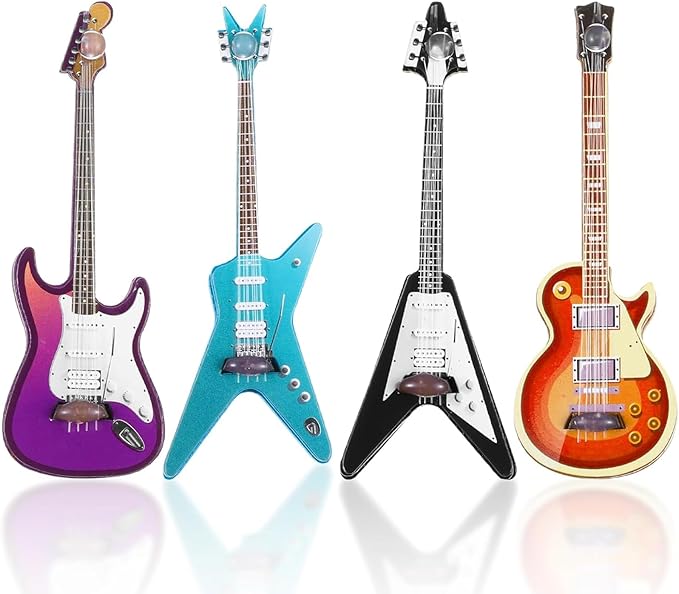 4Pcs Mini Guitar Set, Miniature Electric Guitar & Bass Guitar Ornament, 1:12 Scale Wooden Miniature Musical Instrument for Dollhouse, Mini Music Room, Home Decoration, Guitar Décor