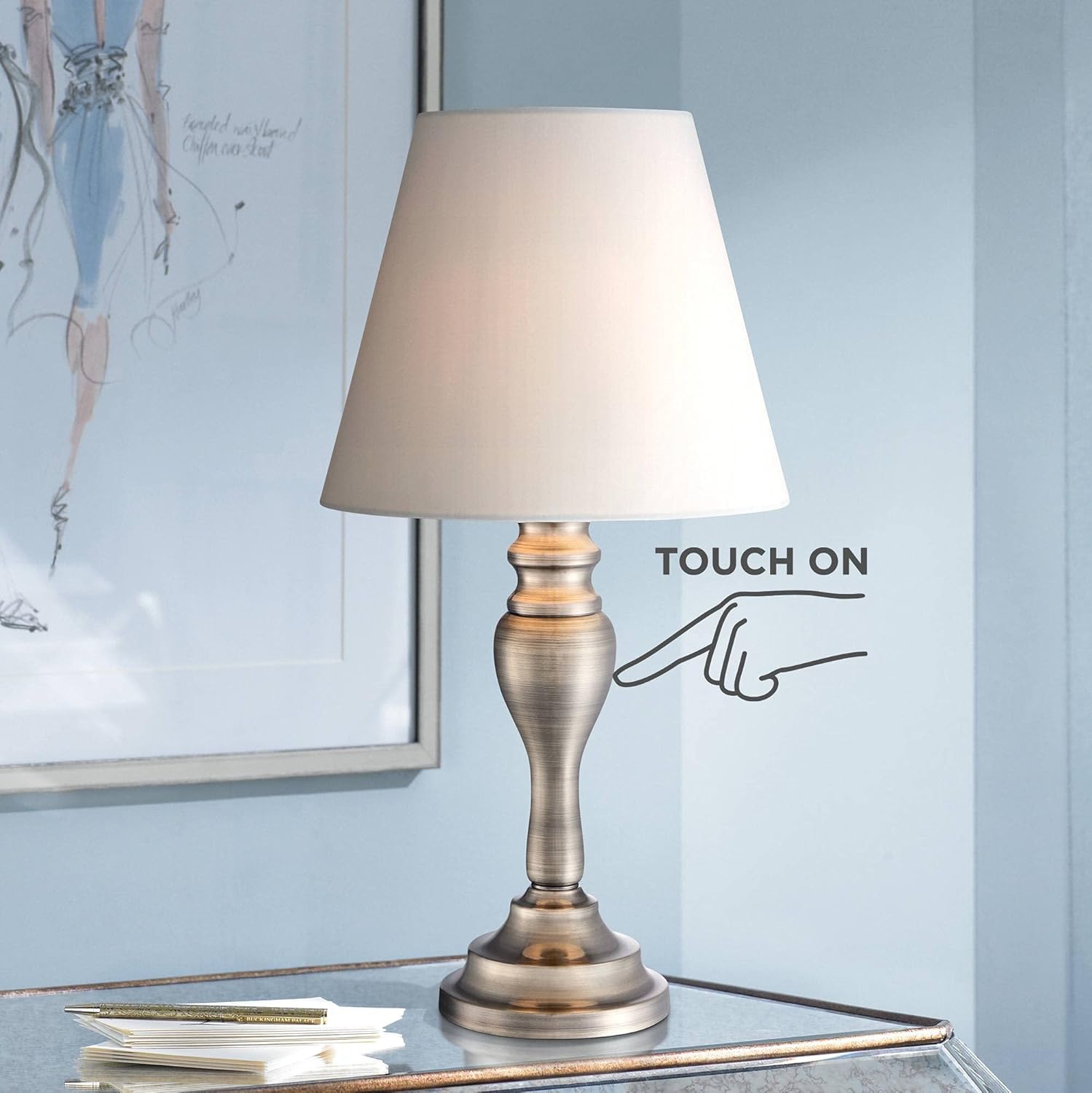 Regency Hill Traditional Accent Candlestick Table Lamp 19 1/4" High Set of 2 Brass Metal White Empire Shade Touch On Off for Living Room Bedroom House Bedside Nightstand Home Office Family