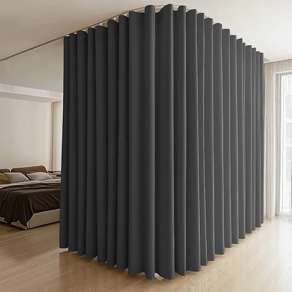 MaKefeile Room Divider Curtains & Flexible Bendable Tracks Set,Privacy Dividers Ceiling Track Curtain Window Blackout Curtains for Living Room Bedroom (W180 × H108 In 1 Panel Black Drape & White Rail)