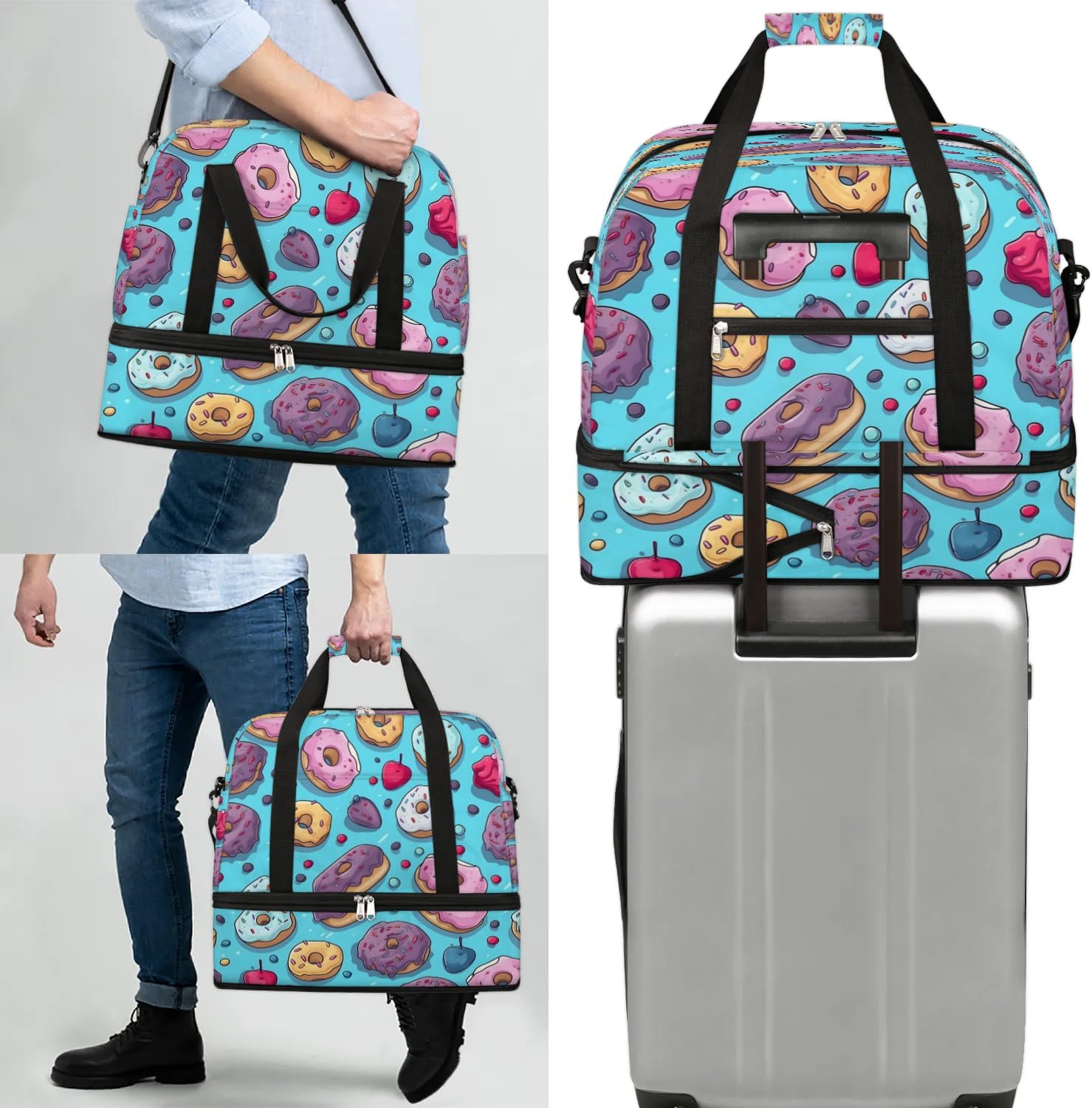 Sports Duffel Bag, Foldable Doughnuts Travel Duffel Bag, Gym Yoga Beach Bag Weekender Overnight Bag with Shoes Compartment for Men Women, Sweet Doughnuts