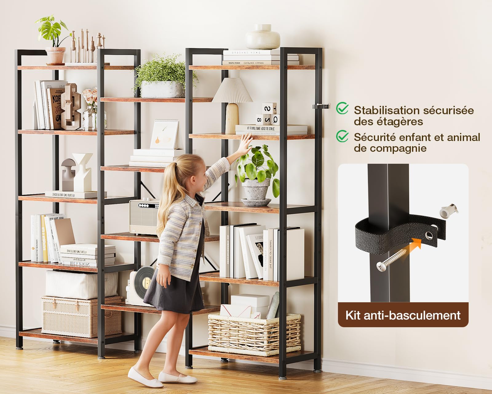 Coleshome 5 Niveaux Étagère Triple, Bibliothèque Rangement 145cm Marron