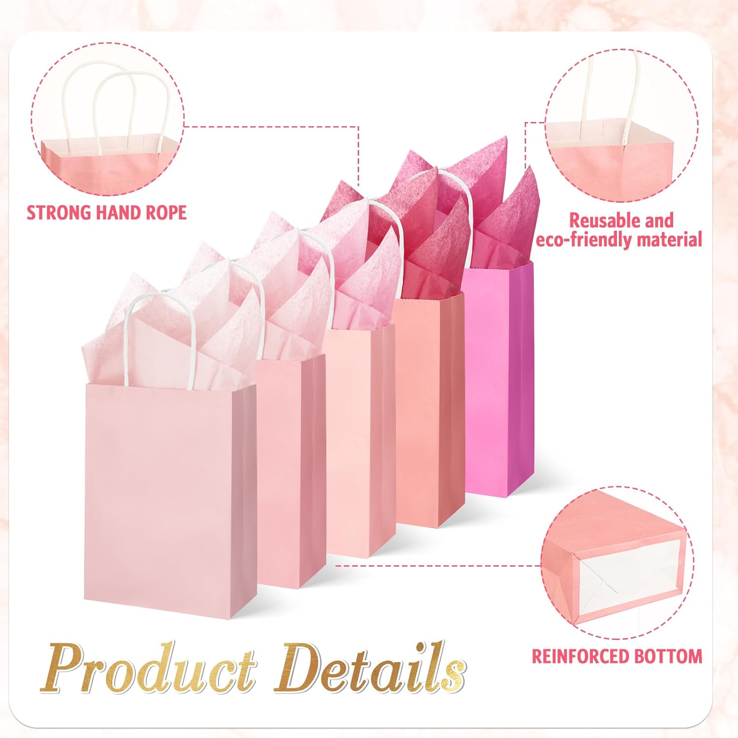 Kolldenn 50 Set Gradient Pink Gift Bags with Tissue Paper 8.27 x 5.91 x 3.15 Inch Small Paper Bags with Handles Thank You Gift for Baby Shower Bridal Shower Wedding Party Favors Goodies