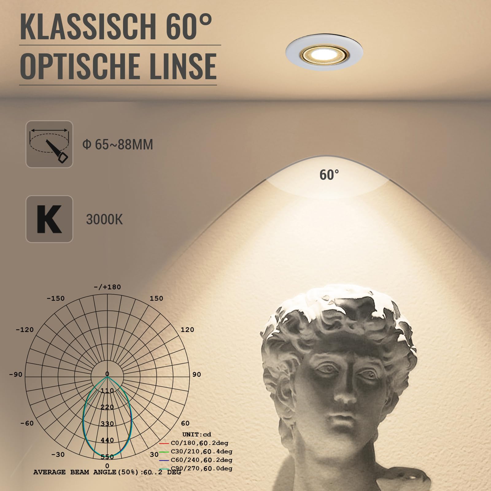 6er Einbaustrahler LED 10W Dimmbar LED Spots 230V Weiß Rund Deckenspots 3000K Warmweiß Einbauleuchten 65-88mm Lochmaß 850LM Einbauspots für Küche Wohnzimmer