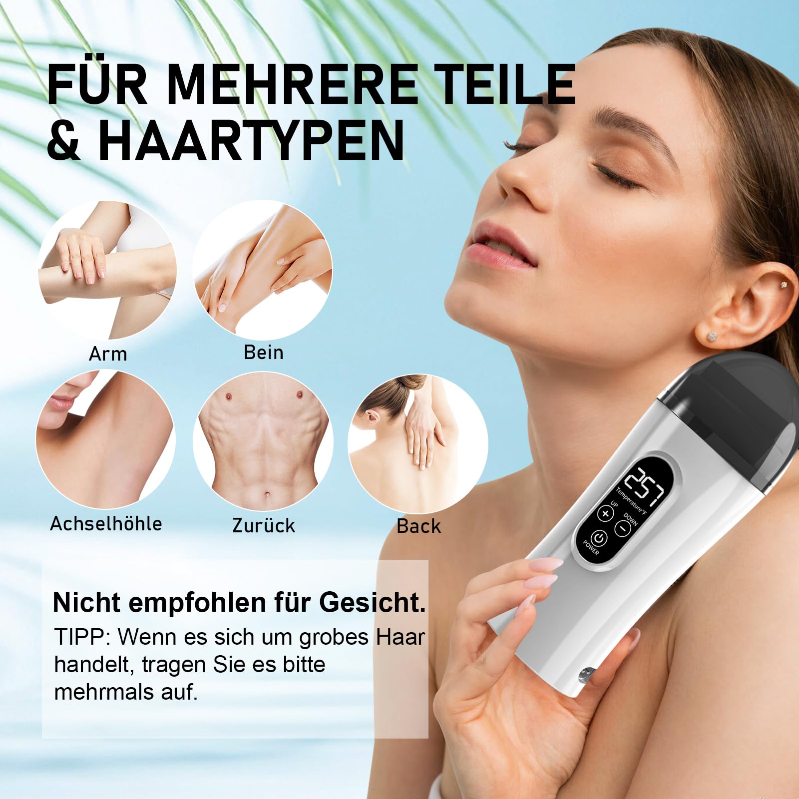 Roll On Wachsgerät Set, Demine Waxing Set für Wachs Haarentfernung, Digitales Wax Maschine mit 2 Honig Roll On Wachspatronen, 100 Vliesstreifen, Waxing Vor- und Nachbehandlung Set