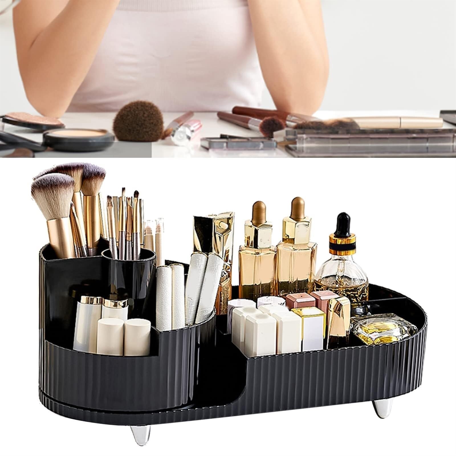 Organizer do Makijażu Elegancki Plastikowy Organizer Do Przechowywania Kosmetyków Pudełko Z Obrotowym Przegrodą Pojemnik na Kosmetyki(Black)