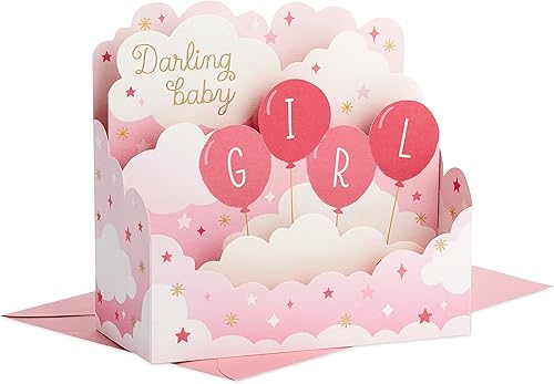 Hallmark Paper Wonder - Tarjeta desplegable para bebé niña (globos rosados) para baby shower, padres primerizos, felicitaciones