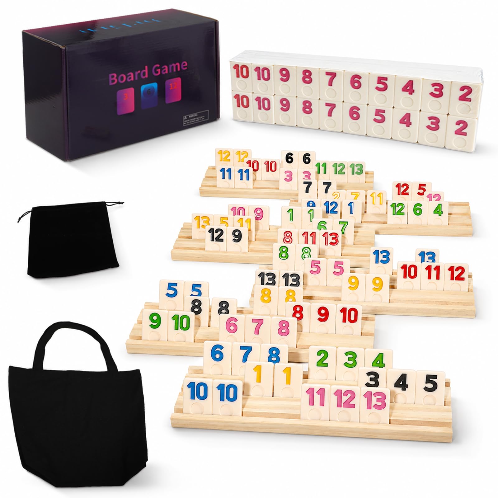 Rummy Cube Game Set 2-6 Spieler, 160 Rommé-Fliesen & 6-stufige Holzregale, tragbares Rommé-Spiel für Familientreffen (6 Spieler)