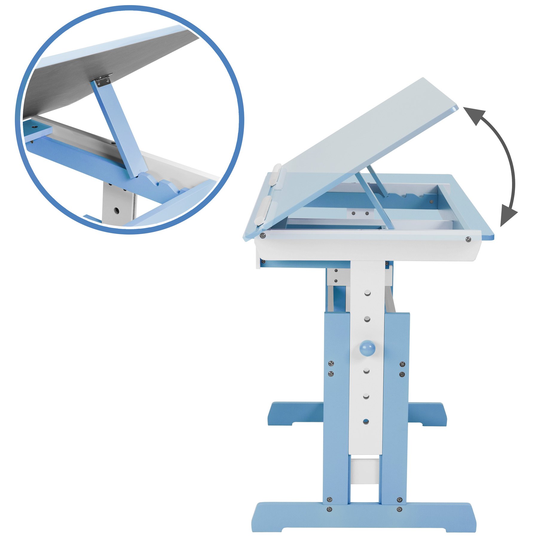 tectake® Scrivania Regolabile in Altezza, Piano Scrivanie Inclinabile, Tavolo per Strudiare con Angoli Arrotondati, Scrivania Ragazzi con Cassetto e Listelli Ferma Oggetti - Blu