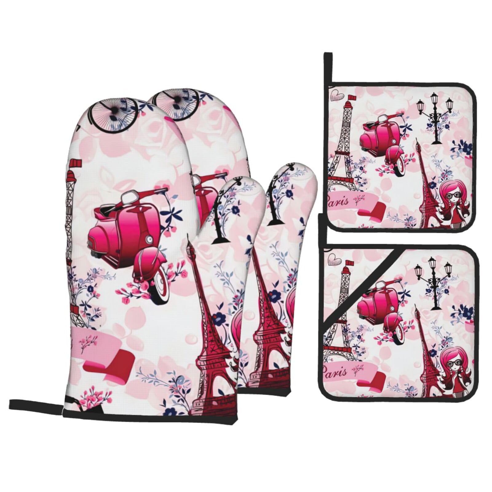 Paris Eiffel Tower France Print 4-Piece Oven Microwaving Set Waterproof Kitchen Gloves for Baking Grilling Cooking