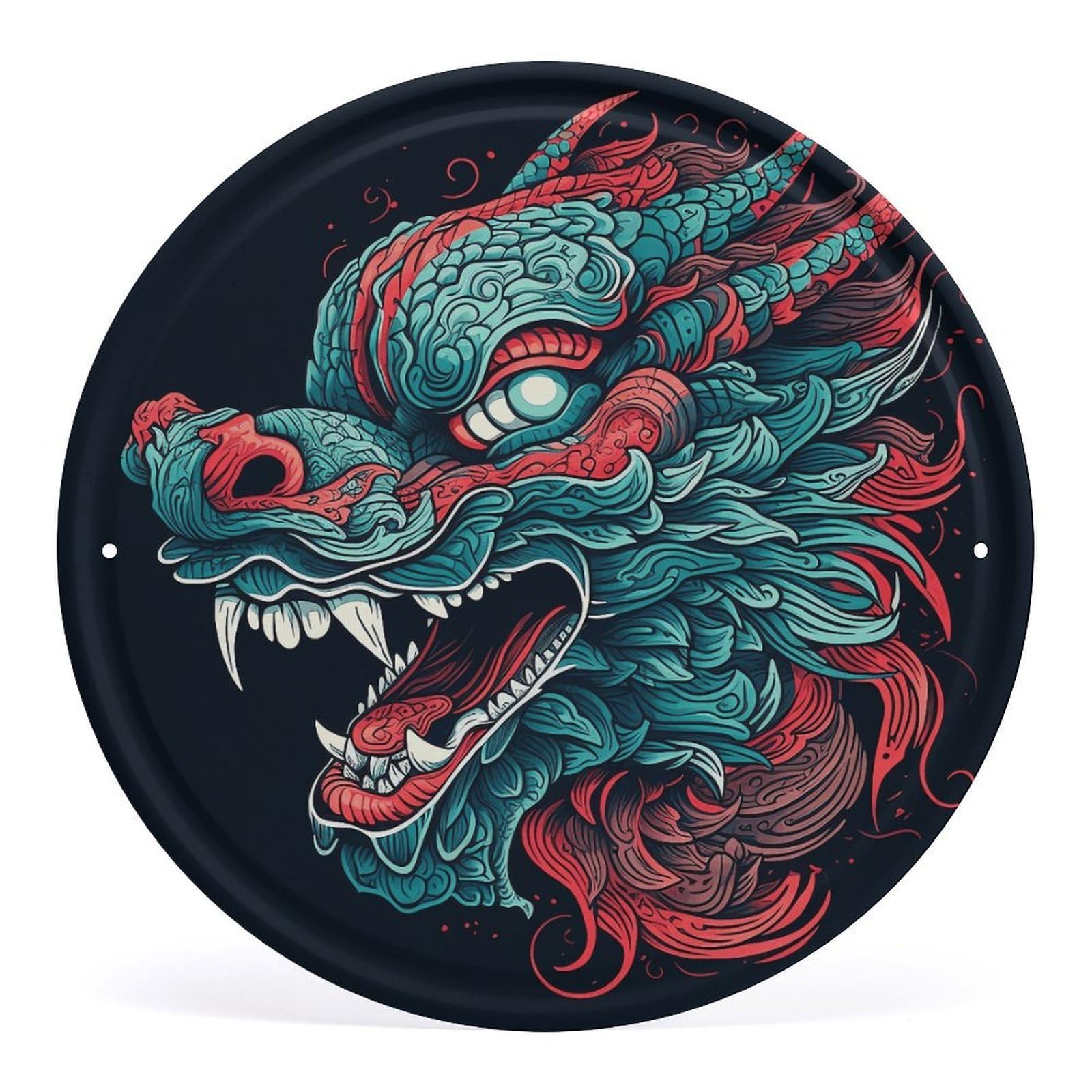 Fodpand Style Dragon Head Pattern Round Wall Art Hanging Decorations, Wall Decor Modern Minimalist Artwork, Tin Sign Hanging Picture For Living Room, Bedroom, Office, Hallway, 11.8X11.8 Inch