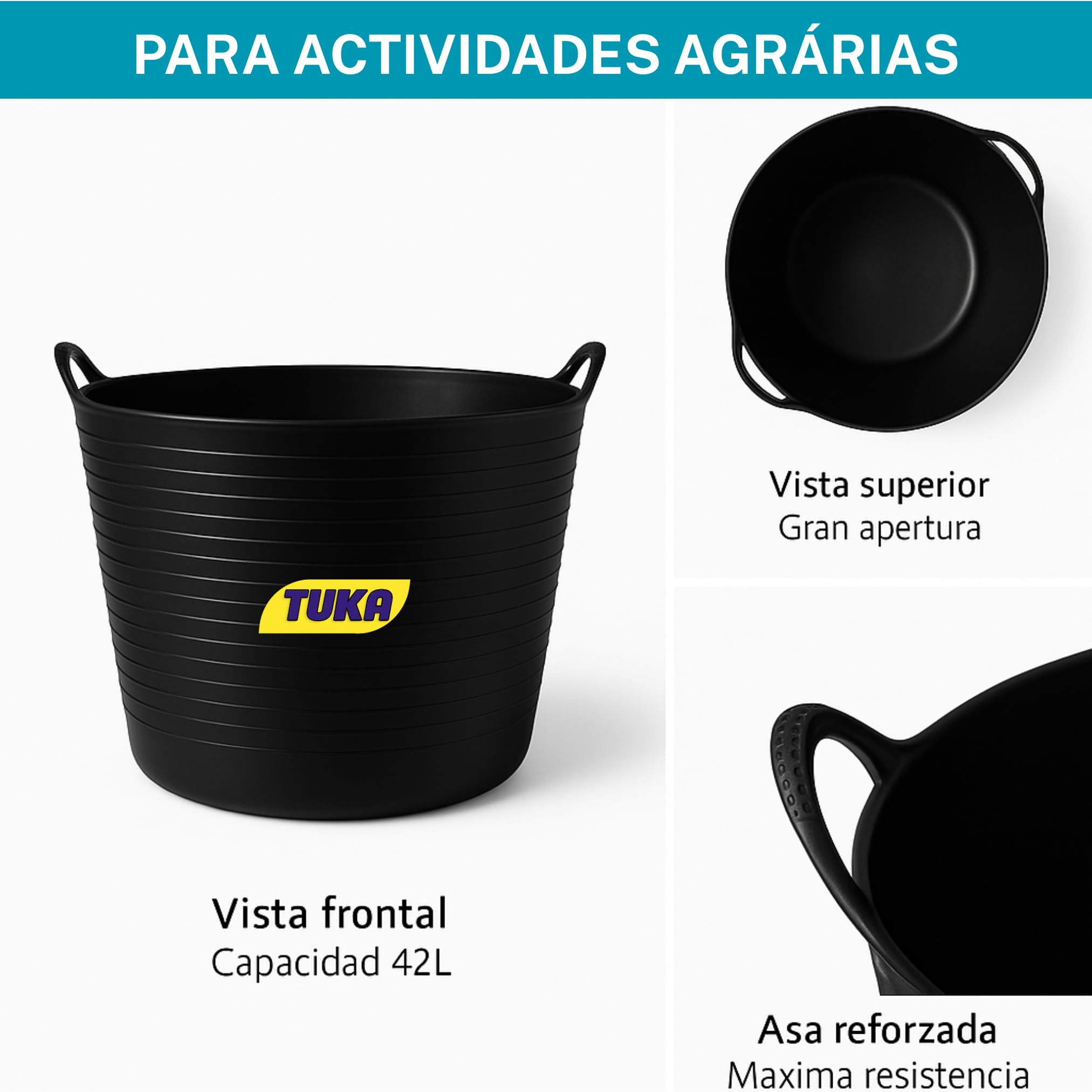 TUKA Pack de 2 Capazos de Plástico 42L Negro Profesional Resistente Multiusos