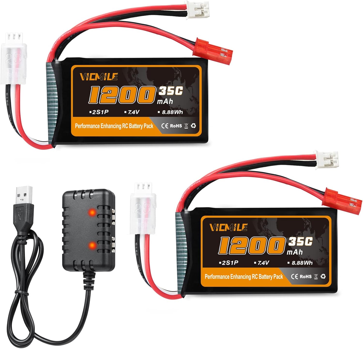 7.4V 1200mAh Lipo Battery 2S 35C SCX24 Lipo Batteries with PH2.0&JST