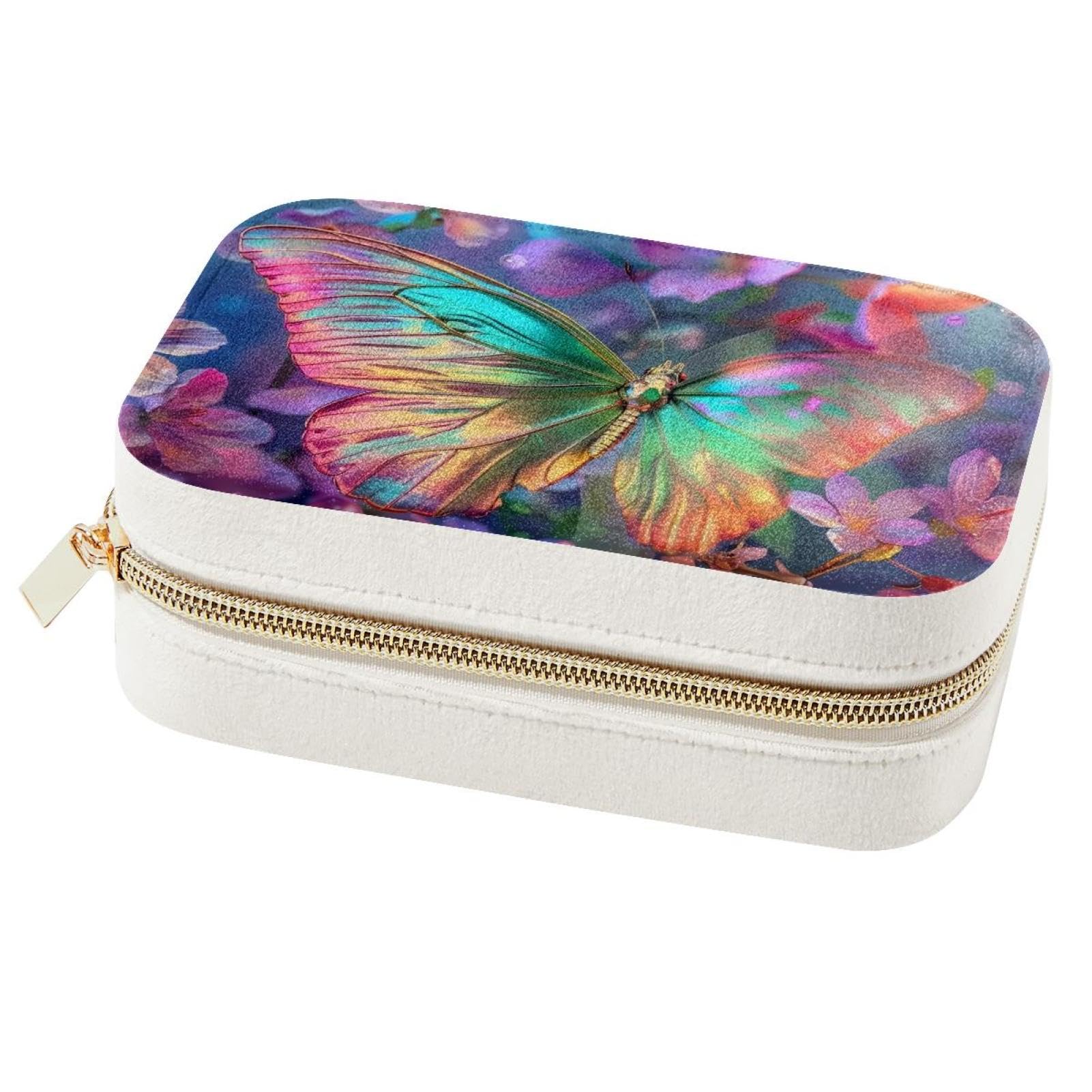 Boîte à bijoux de voyage rose et papillons portable pour bagues et colliers