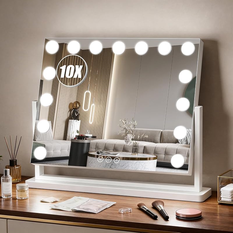 Espelho de maquiagem Bearolve com iluminação, 58,42 cm x 43,18 cm, 15 lâmpadas, 3 modos de luz, controle por toque, rotação de 360° e ampliação de 10x, branco