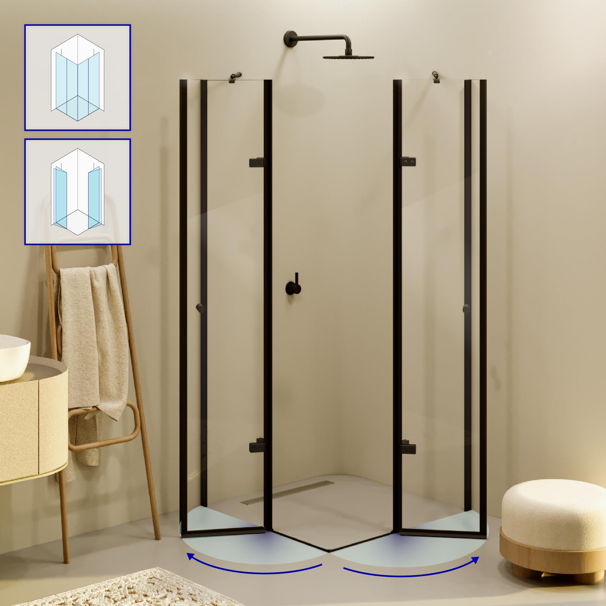 Mampara de Ducha Alice-70x75x180cm|REVERSIBLE|Puertas Abatibles, Ajuste 69,3-71,3x74,3-76,3cm|Perfiles Negros, Cristal Templado Transparente 6mm