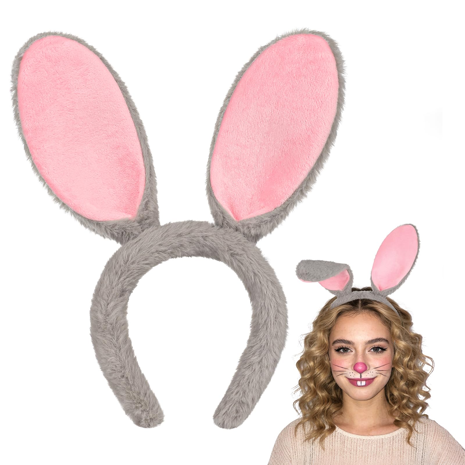 Etercycle Bunny Ears Headband, Easter Cute Rabbit Ear Headbands For Women, Halloween Cosplay Bendable Furry Head Band for Party Favors Animal Costume Accessories (Gray)