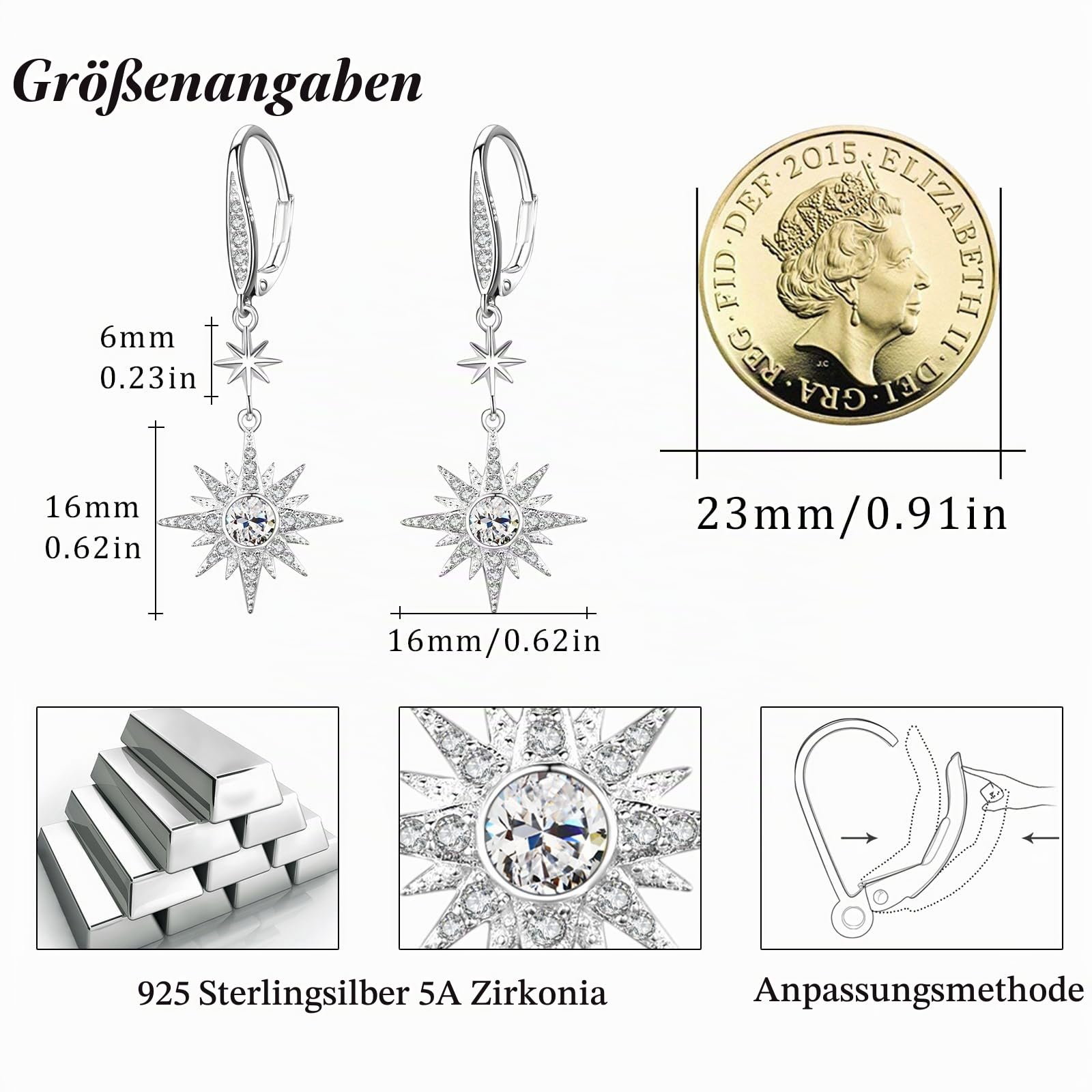 REDSUN Mondstein Ohrringe 925 Sterling Silber Achtzackiger Stern Sonne/MoonHänge Ohrringe Regenbogen Mondstein Schmuck für Mädchen Mutter Tochter Damen Freundin Geschenk