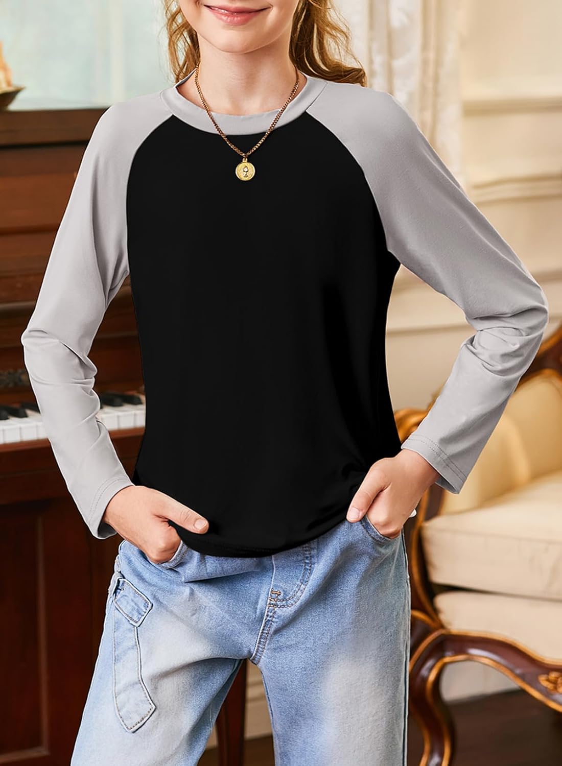 blibean Tween Girls Fall Shirts Tween Kids Girl Long Sleeve Tshirts Cute Color Blocked Tops Fashion Clothes Size 14-15 Years Old A Black - Image 7