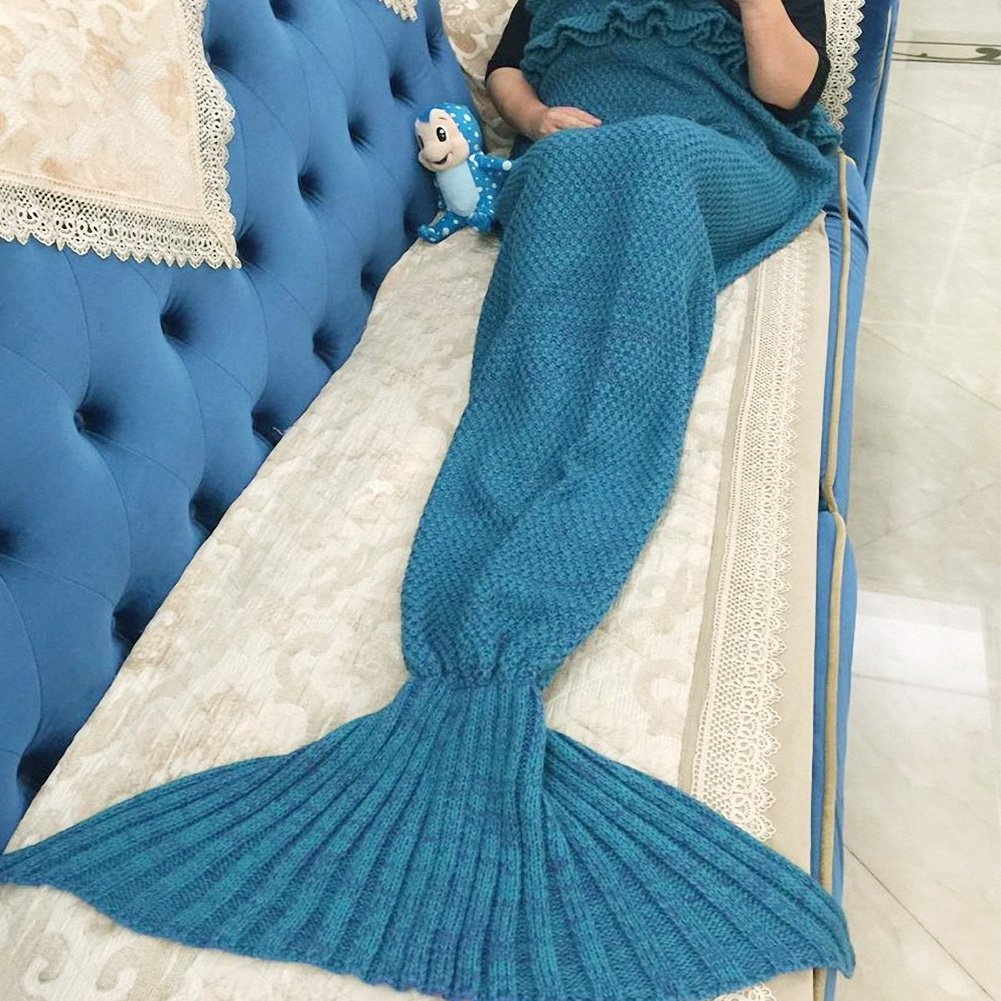 Mermaid Tail Blanket For Kids Teens Adult Handmade Wave Mermaid Blankets Crochet Knitting Blanket Seasons Warm Soft Living Room Sleeping Bag Best Birthday gift (Blue)