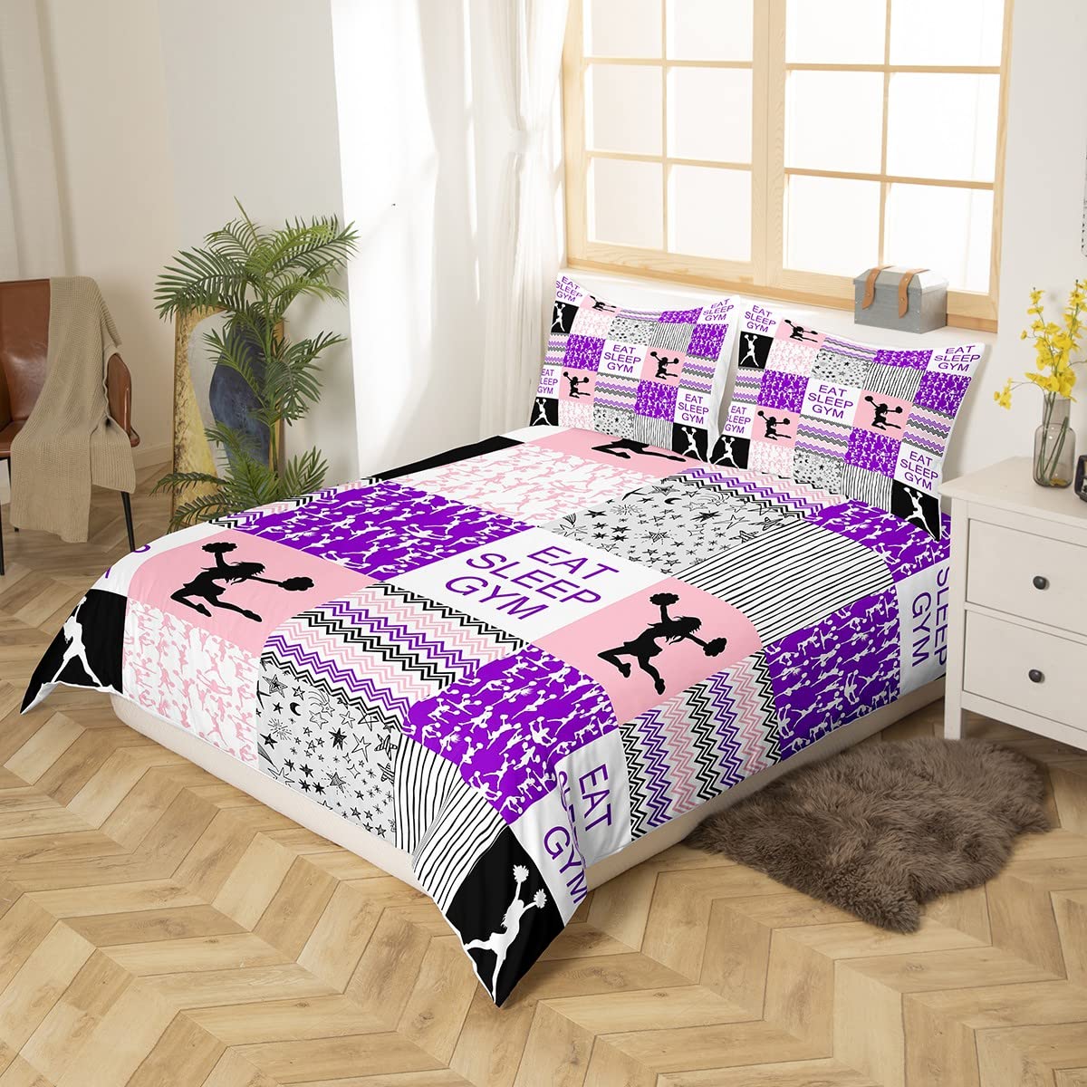 Cheerleading Bettwäsche Set für Kinder, Mädchen, Teenager und Erwachsene - Bettbezug 135 x 200 cm - Geometrisch Kariertes Design mit Sternenhimmel - Lila Pink