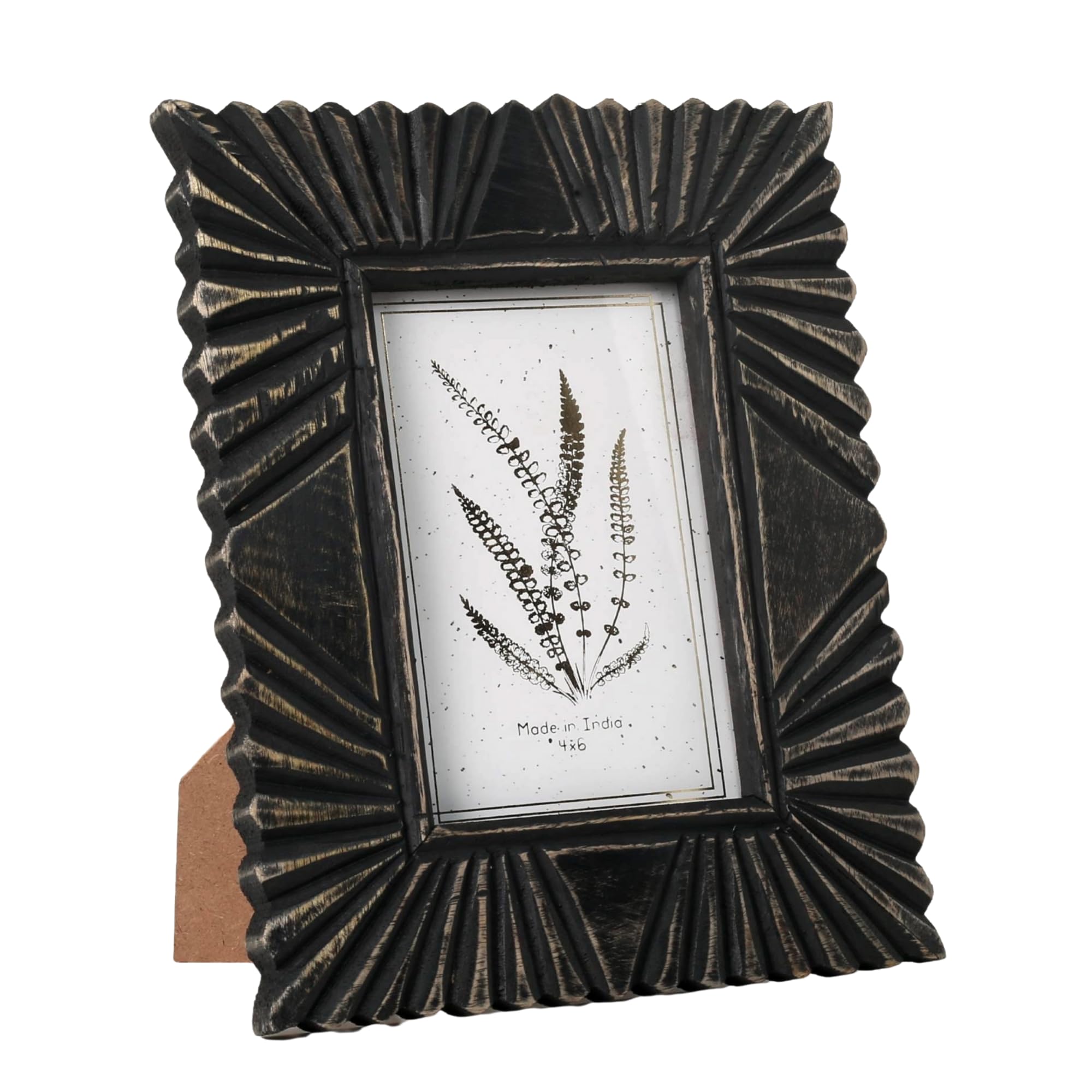 Edzzel Black Handcrafted Wood Sunburst Picture Frame 4X6 - And Gold Decorative Photo Frame For Tabletop Decor - Rustic Carved Floral Design - Artisanal Indian Home Decor, Vintage Style Gift