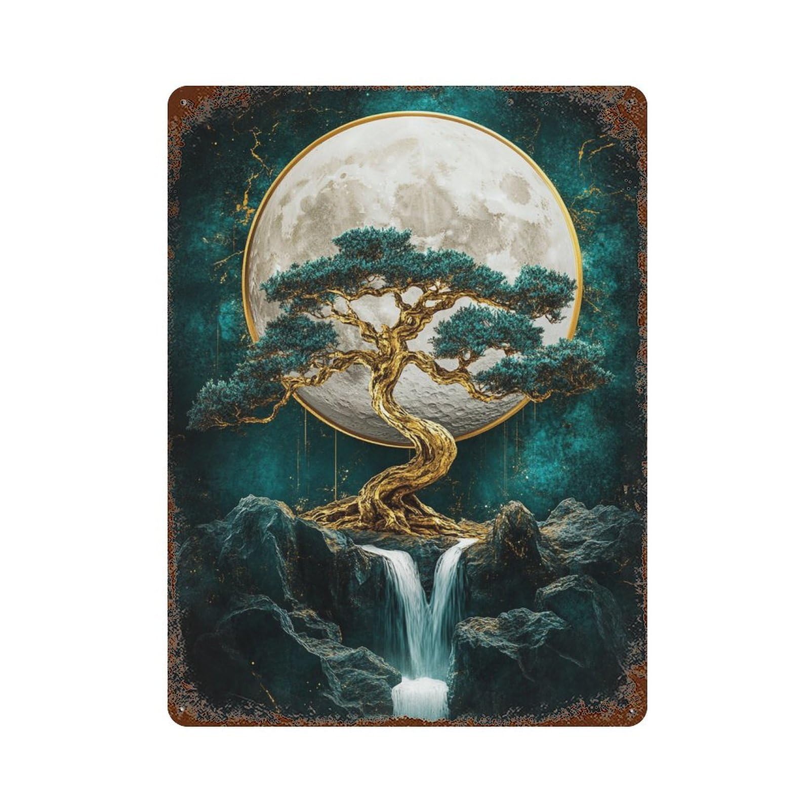 Full Moon Serenity Landscape Rust Effect Tin Sign 15.7"x11.8", Rustic Home Decor for Garage, Pub Or Kitchen