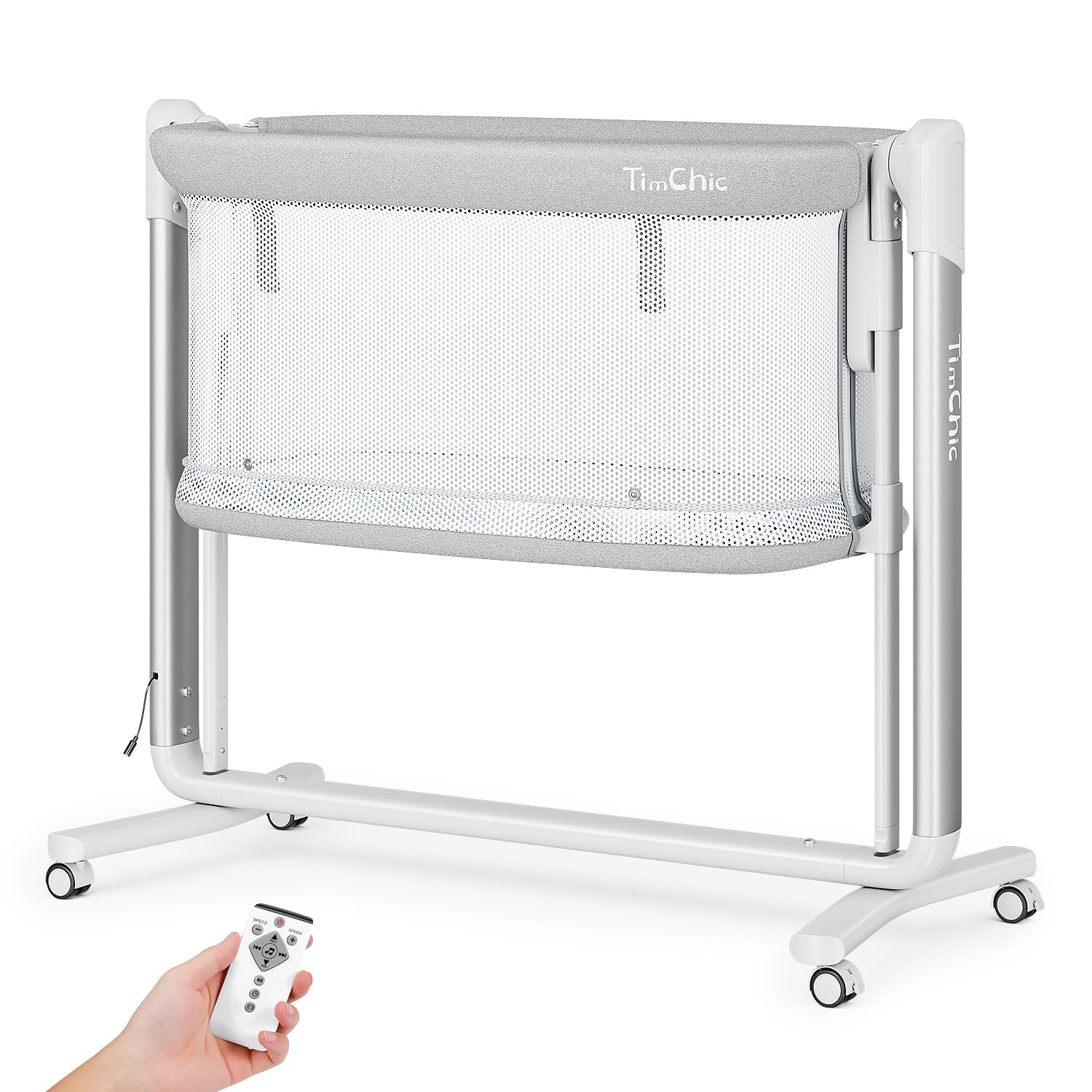 TimChic Electric Baby Bassinet, 7 Height Adjustable Rocking Bassinet for Baby, Auto Infant Crib with Timer, 12 Preset Melodies, Wheels, Smart Rocking