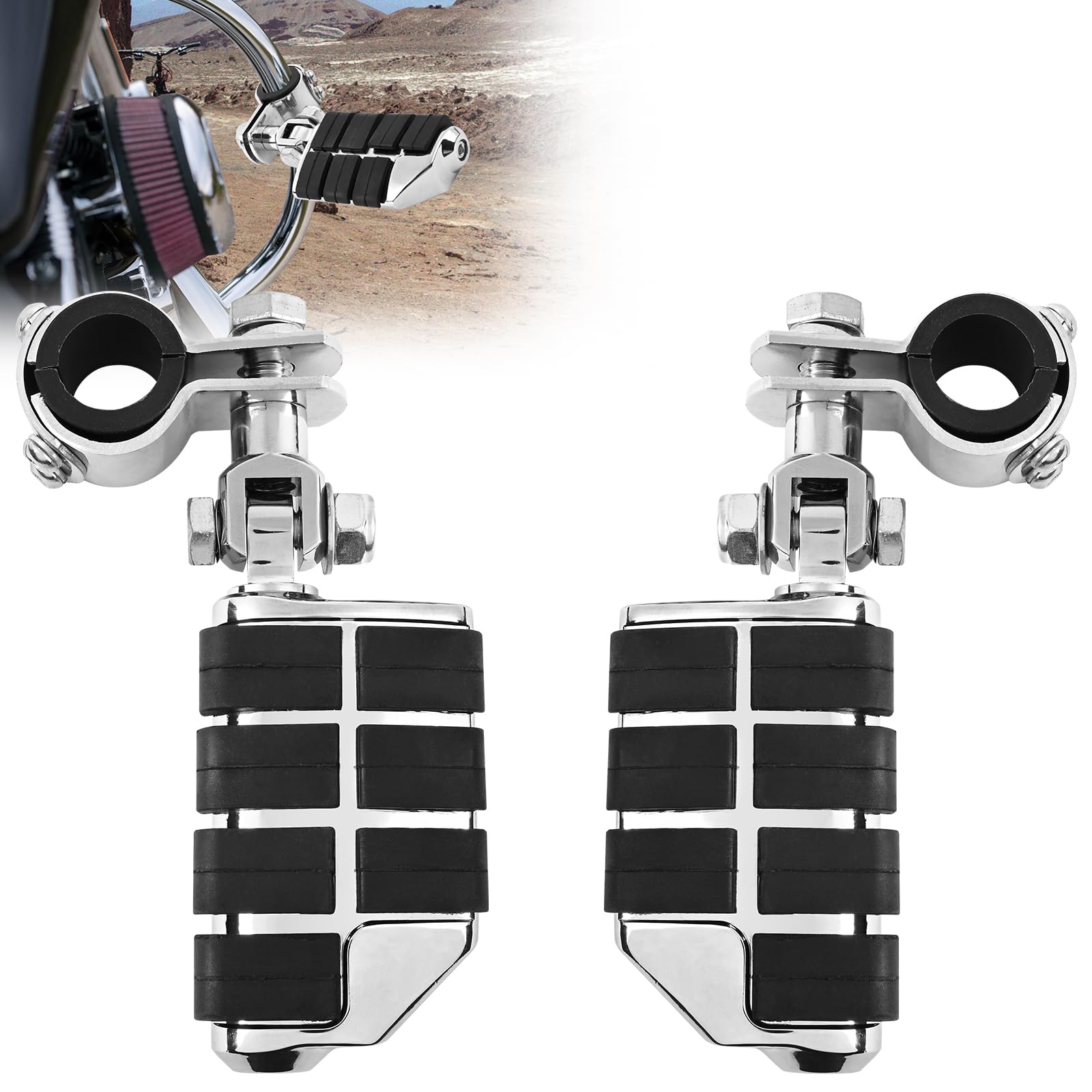 Motorcycle Highway Pegs for Harley Crash Bar 1" to 1-1/3", Adjustable Universal Highway Foot Pegs Footrest for Touring Softail Dyna Sportster Road King Street Glide Kawasaki Suzuki(Chrome)