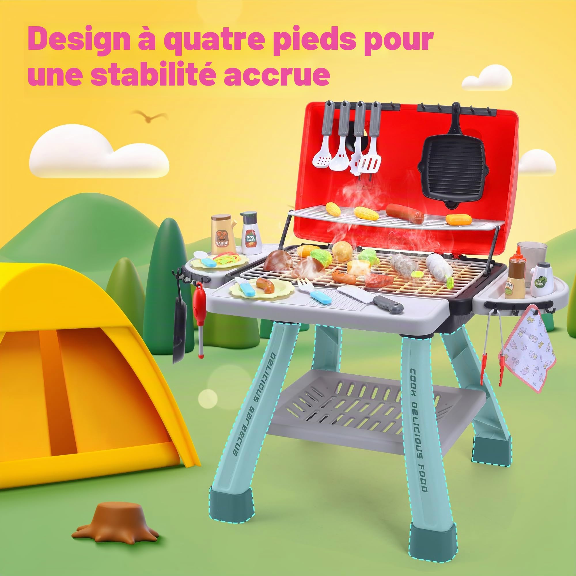 CUTE STONE Jouet de Barbecue pour Enfants, Ensemble de Jouets de Cuisine, Ensemble de Jeu de Barbecue à fumée réaliste avec Accessoires de Cuisine