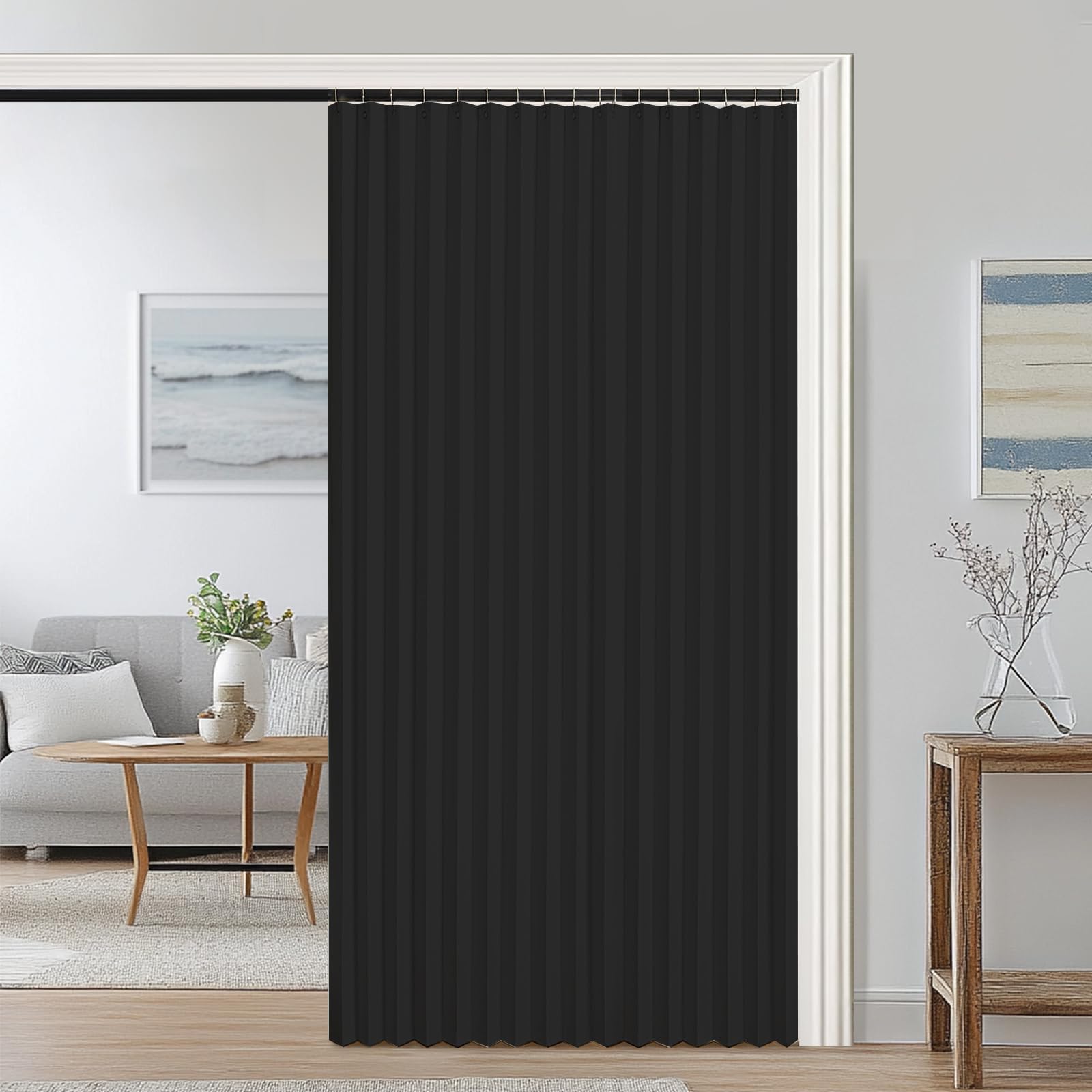Blackout door curtain, folding invisible magnetic door curtain for bedroom, bathroom, living room and room partition-Black- W160xH200cm