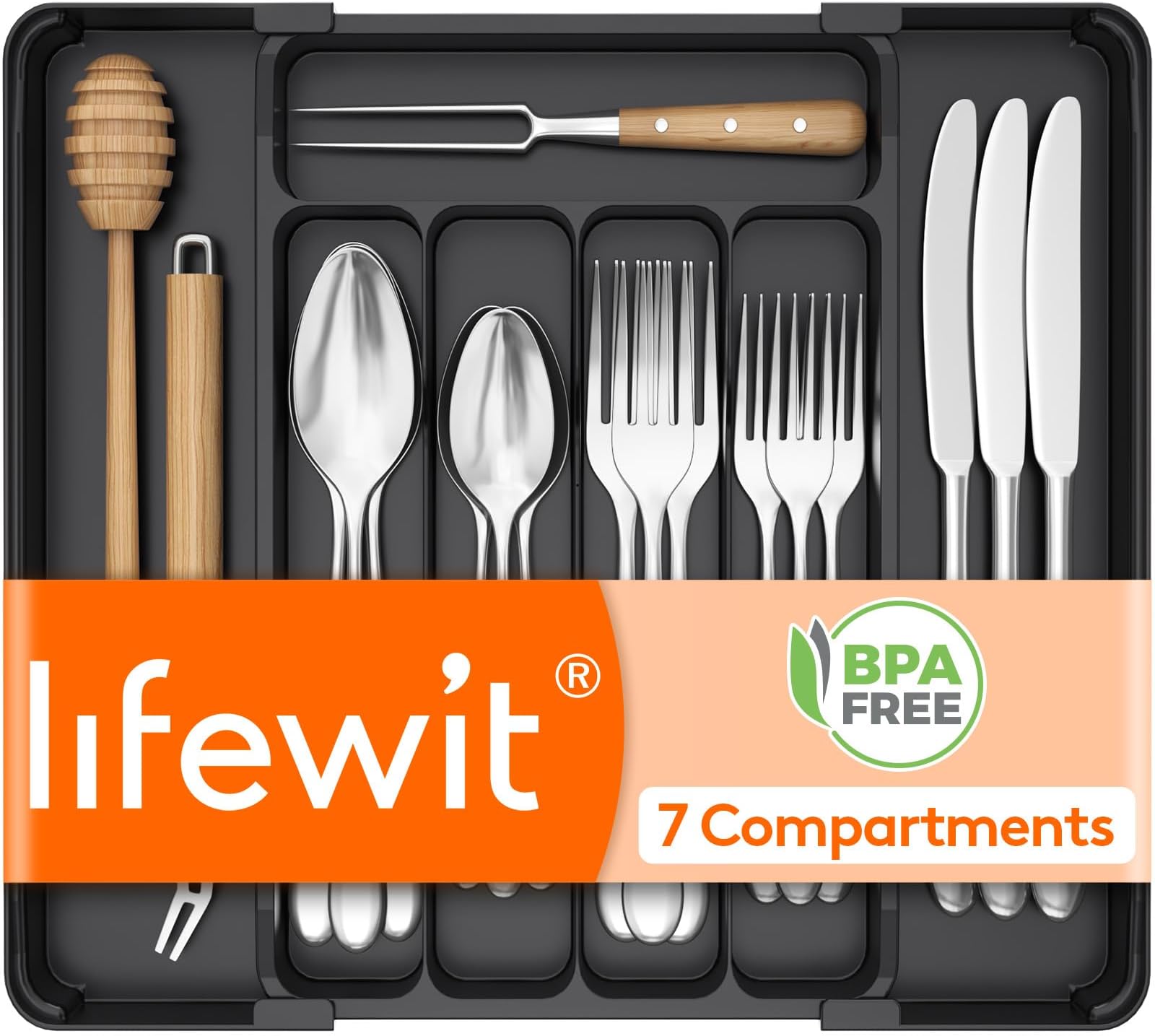 Lifewit Expandable Utensil Tray for Kitchen Drawer, Adjustable Silverware Organizer, BPA Free Plastic Cutlery Holder for Spoons Forks Knives, Black, Fits 8 to 14 Inch