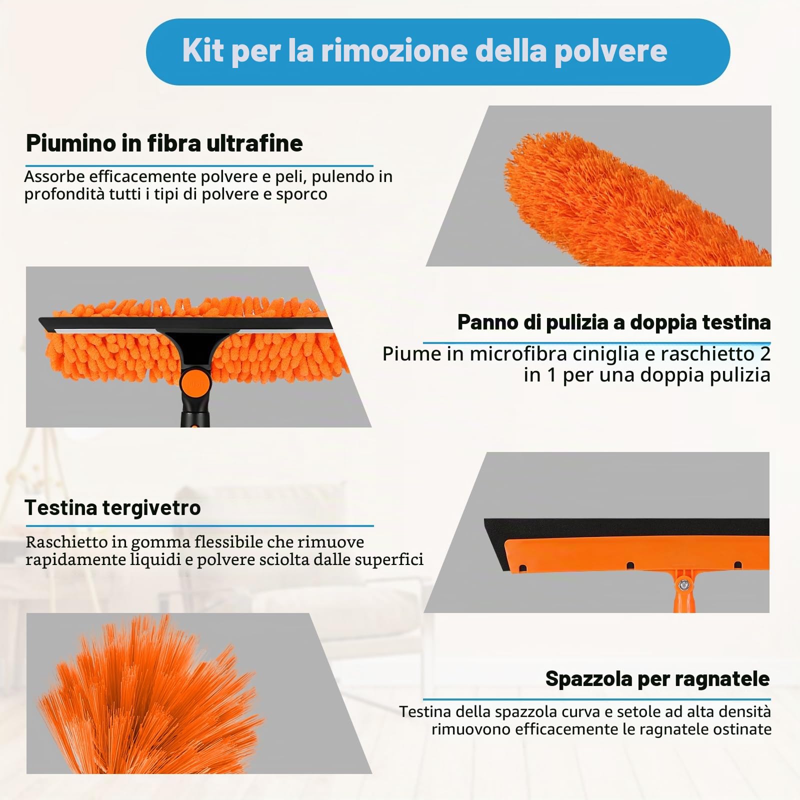 Zikenis Feather Duster Cleaning Set per Spolverini con Asta Fissa, Spolverino in Microfibra Lavabile e Riutilizzabile per Divani, Soffitti, Ragnatele, Vetri, Ventilatori da Soffitto