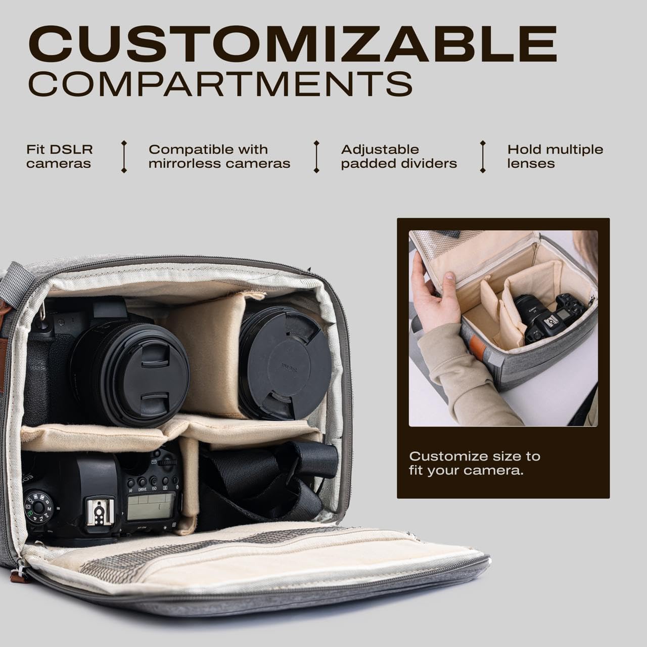 C Coiro Camera Bag for Digital DSLR SLR, Protection, Waterproof Mirrorless Small Camera Bag, Camera Lens Case, Travel Organizer Camera Insert for Backpack, Gray Color