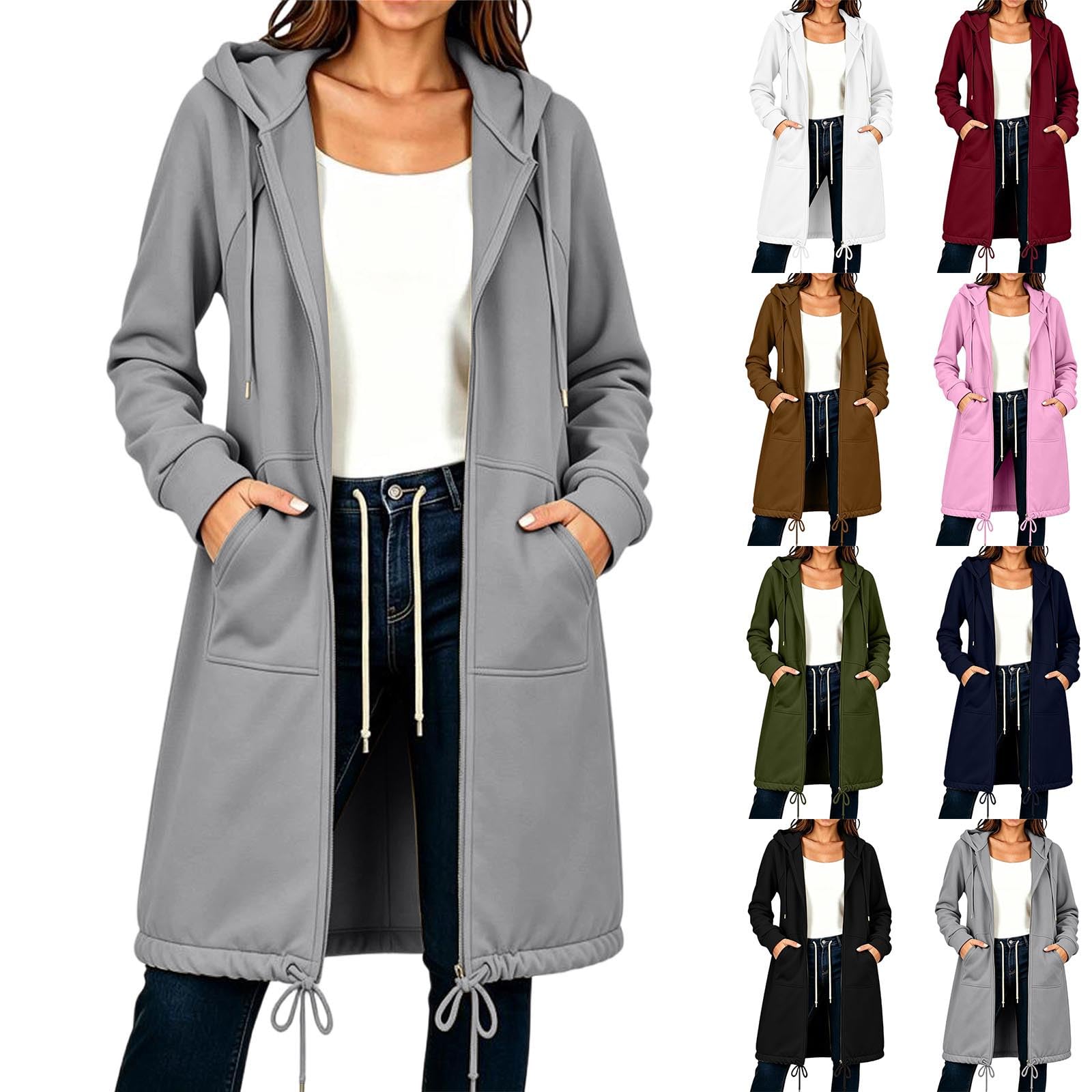 Generisch Sweatjacke Damen Lang Mit Kapuze Hoodie Reißverschluss Elegant Sweatshirt Retro Hoody Leicht Jackenfrühling Freizeit Einfarbig Jacke Mit Taschen Komfort Jacket Mode Kleidung