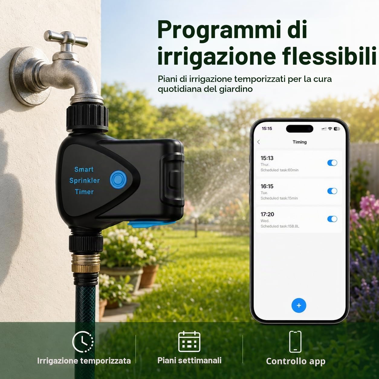 Timer Irrigazione WiFi con Misuratore d'Acqua Integrato, Programmatore Irrigazione Smart senza Hub, Controllo App 2,4 GHz, Irrigazione a Volume, Programmazione, IP65 per Giardino Prato Serra