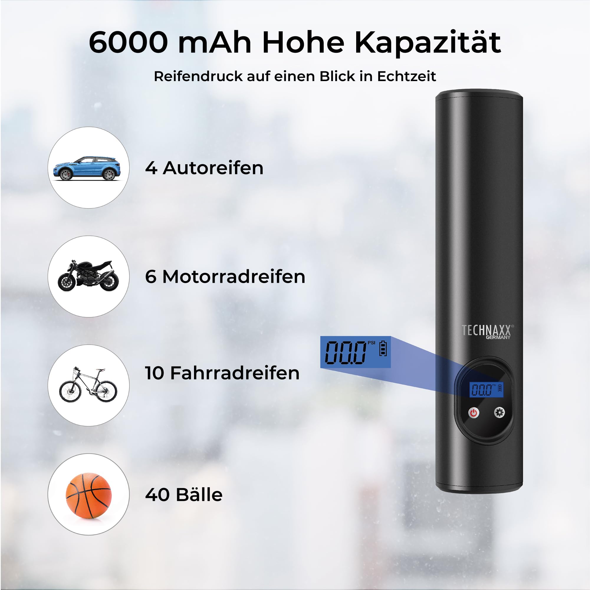 Technaxx Akku Luftpumpe Kompressor 6000mAh – Tragbarer Luftkompressor mit Digitalanzeige, 8 Bar, Auto Stop, 12V DC, Reifenpumpe für Auto, Fahrrad, Motorrad & Bälle, LED Licht TX-157