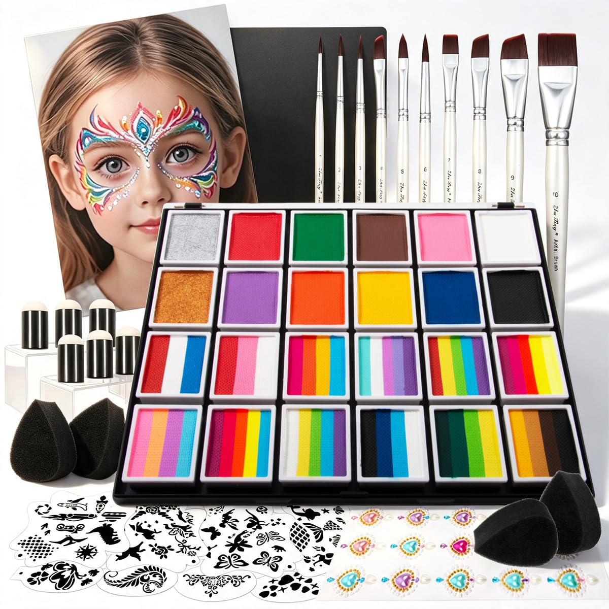 Gesichtsfarbe-Set Professionell, Bodypainting Farben Ungiftig, Face Paint Wasseraktivierte Farbpalette mit Pinsel, Schablone, Edelsteinen, Schwamm für Halloween, Karneval, Kostüme und Körperkunst