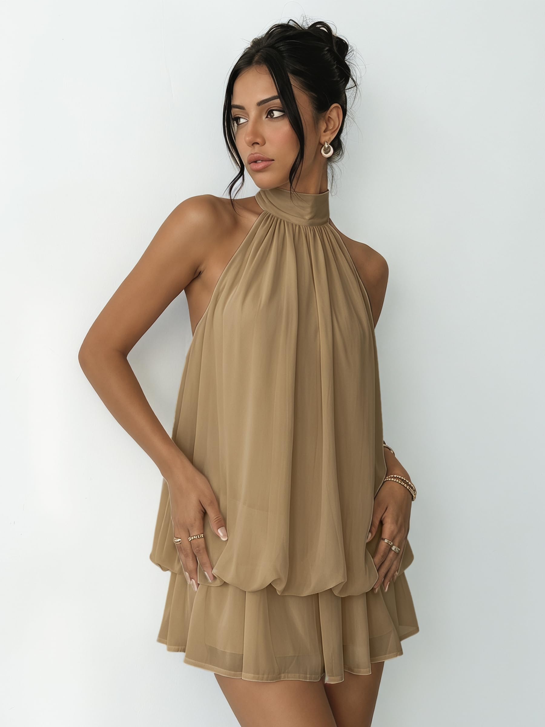 Robe Femme Chic et Elegant Été Robes Courte Ample Col Halter sans Manches Sexy Mini Robe Dos Nu à Nouer Casual Robes en Mousseline Volants Fluide Dresses pour Soirée Clubbing Plage Vacances
