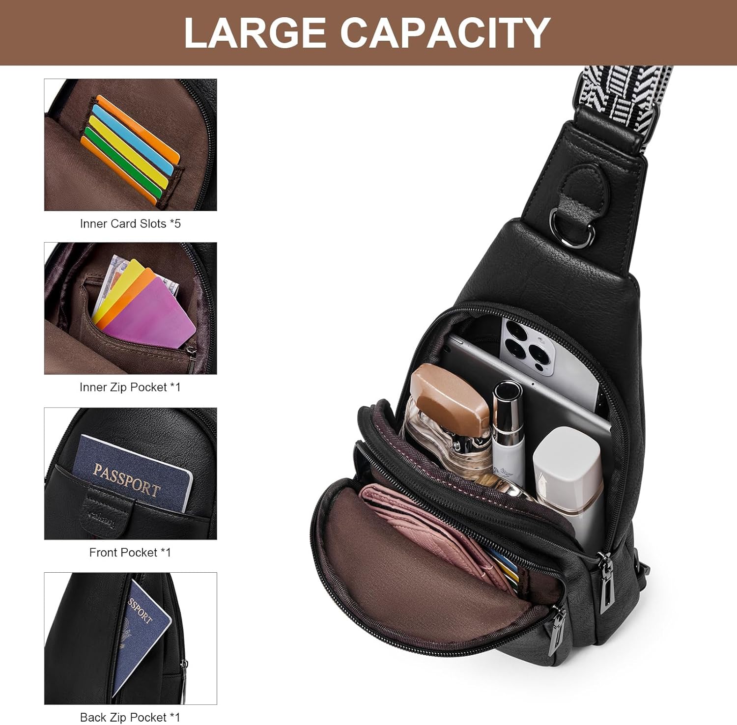 Womens Sling Bag Crossbody Bags for Women Vegan Leather Sling Backpack Daypack Fanny Pack Crossbody Purse Travel - Image 3