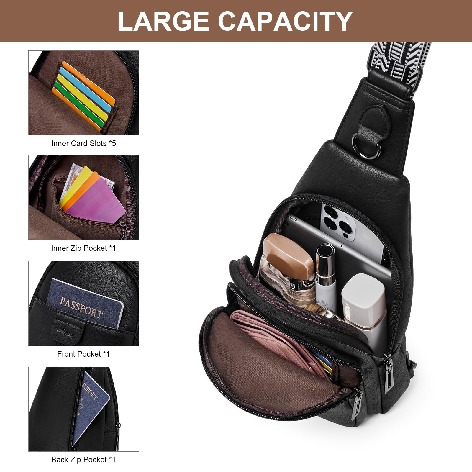 cakang Womens Sling Bag Crossbody Bags for Women Vegan Leather Sling Backpack Daypack Fanny Pack Crossbody Purse Travel: 4-black