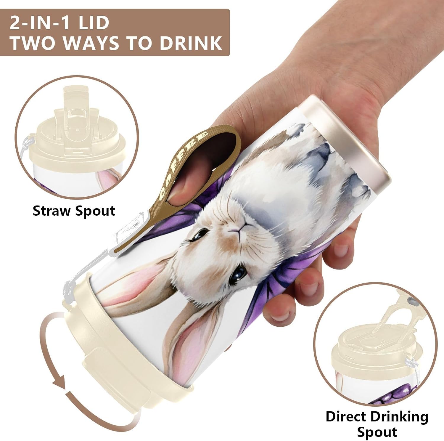 Rabbit Wings Watercolor Insulated Coffee Mug with Straw & Flip Lid, 16.9oz Iced Tumbler Cup, Double Wall Vacuum Mug for Travel Office